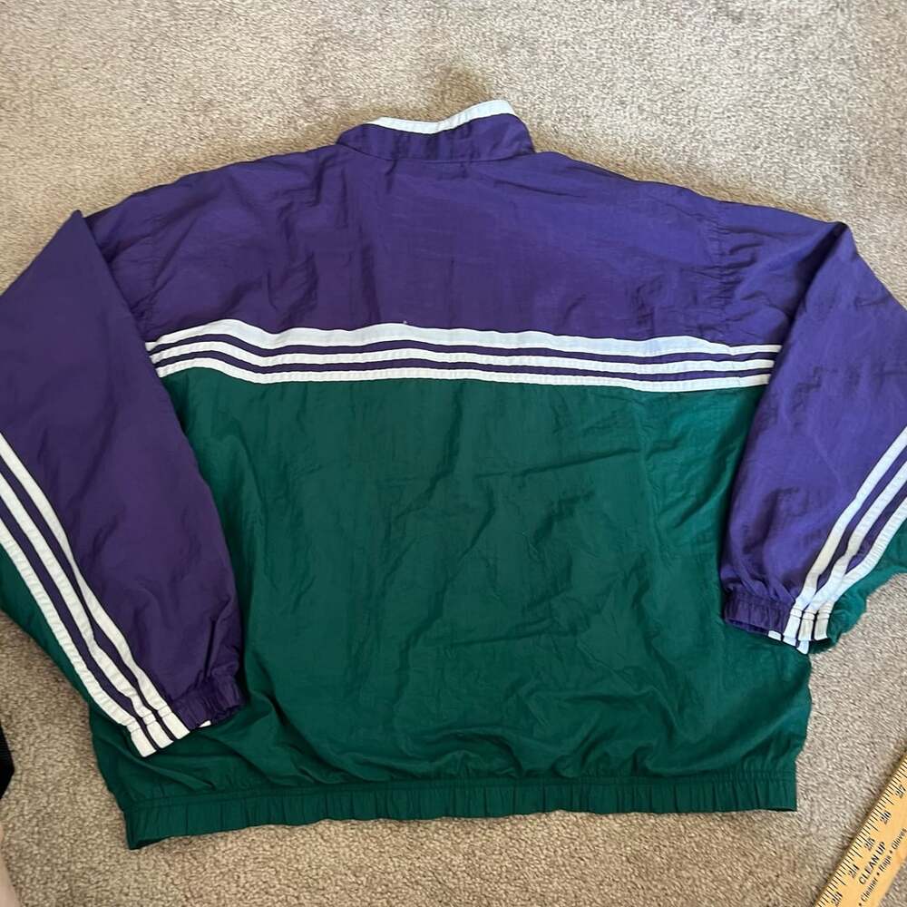 Vintage 90s Adidas Color Block Nylon Full Zip Track Jacket Purple Green XL - Picture 2 of 7